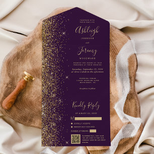 Casamento com Código QR de Glitter Dourado Roxo Mo