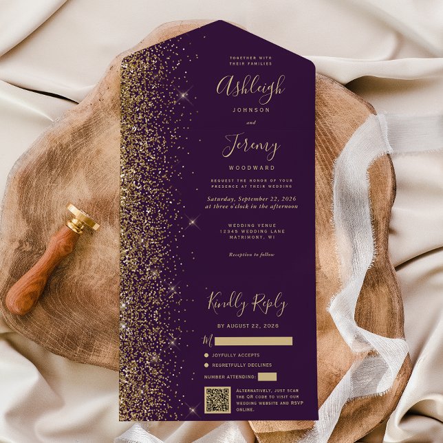 Casamento com Código QR de Glitter Dourado Roxo Mo (Criador carregado)