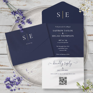 Casamento com Código QR de Monograma em Azul Marin