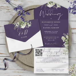 Casamento com Código QR de Monograma Roxo e Folhag