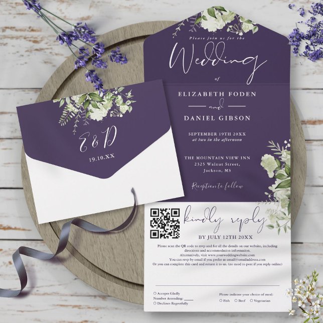 Casamento com Código QR de Monograma Roxo e Folhag (Purple Greenery Monogram QR Code Wedding All In One Invitation)