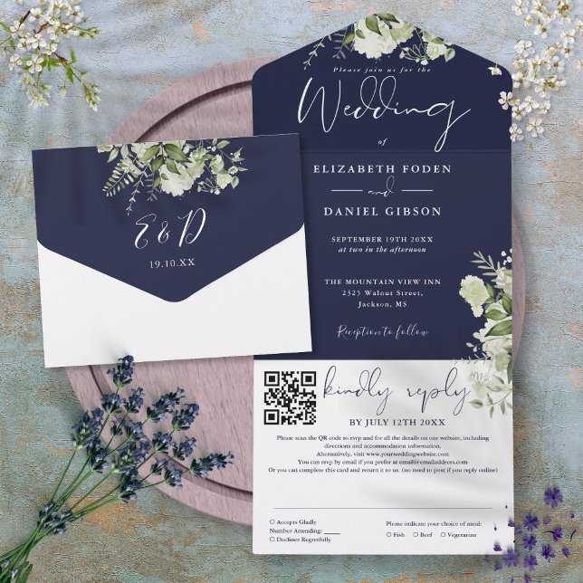 Casamento com Código QR de Monograma Verde Azul-Ma (Navy Blue Greenery Monogram QR Code Wedding All In One Invitation)
