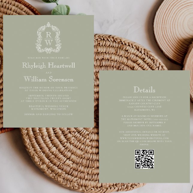 Casamento com Código QR do Brasão Monograma Verde  (Criador carregado)