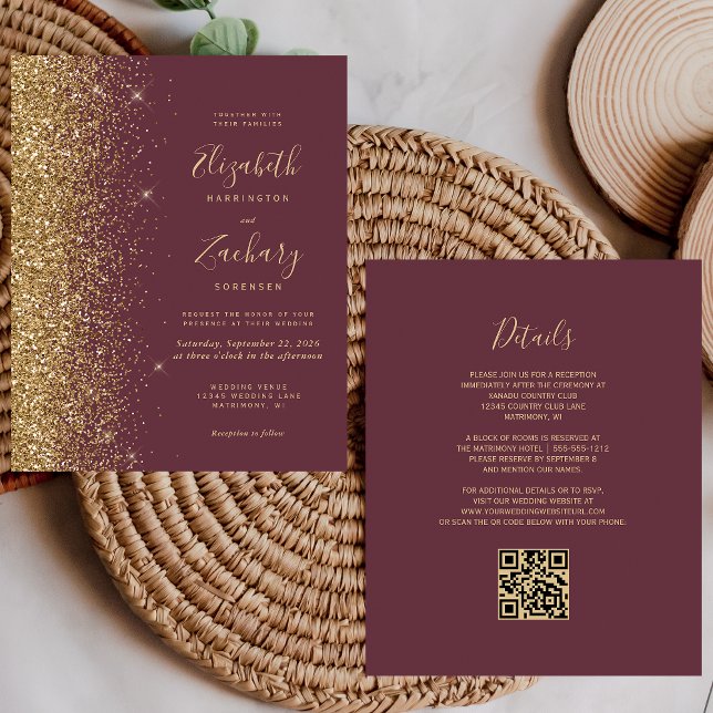 Casamento com Código QR do Glitter Dourado da Bord (Criador carregado)