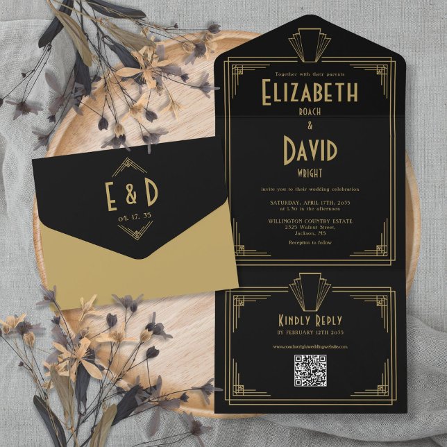 Casamento com Código QR do Monograma de Deco de Ar (Black And Gold Art Deco Monogram QR Code Wedding All In One Invitation)
