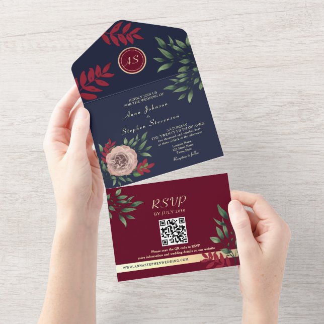 Casamento com Código QR e Monograma Borgonha (Tearaway)