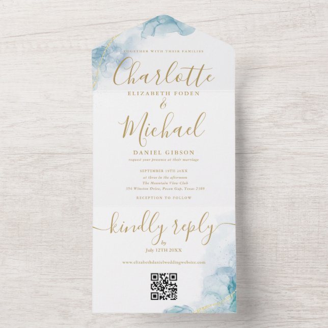 Casamento com Código QR em Grafia Dourada com Aqua (Inside)
