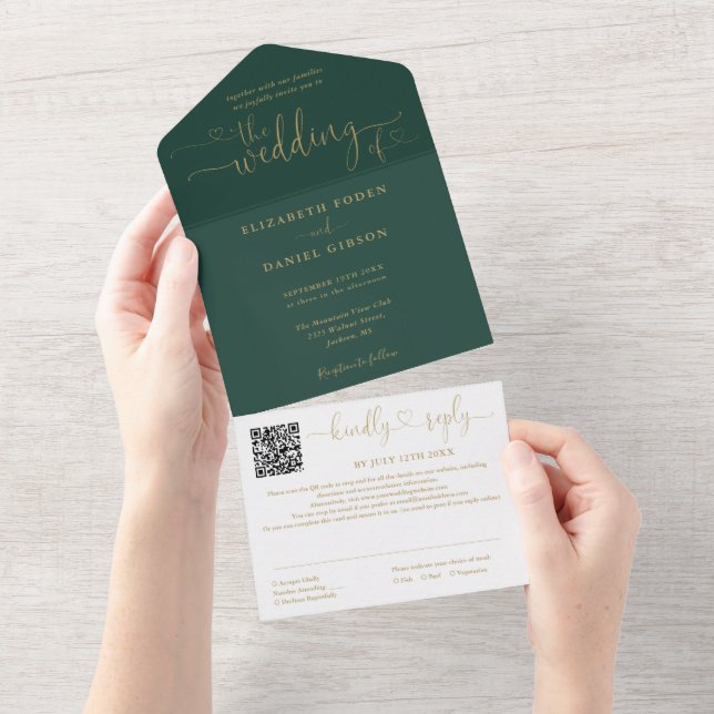 Casamento com Código QR em Rotulo Dourado e Verde  (Aba destacável)