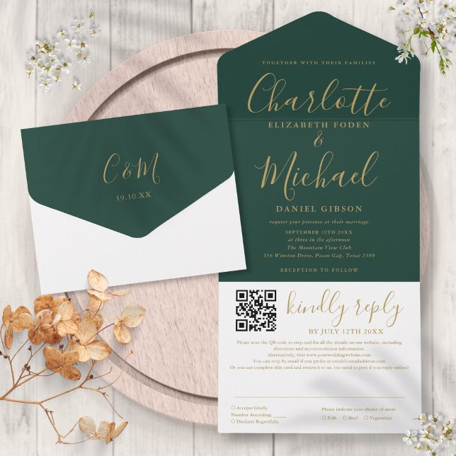 Casamento com Código QR em Script Verde Esmeralda  (Emerald Green And Gold Script QR Code Wedding All In One Invitation)