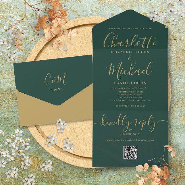 Casamento com Código QR em Verde Esmeralda e Doura (Emerald Green And Gold QR Code Wedding All In One Invitation)