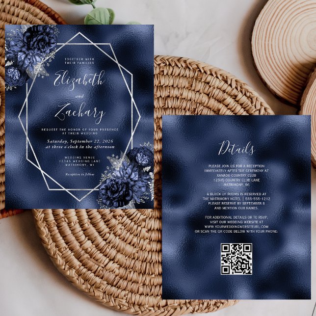 Casamento com Código QR Floral Azul Naval com Orça (Criador carregado)