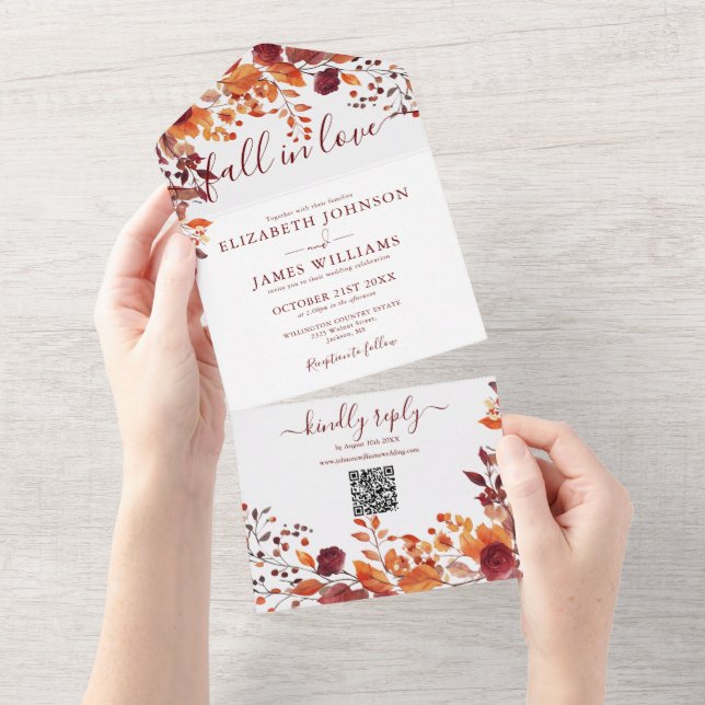 Casamento com Código QR Floral de Outono no Amor R (Aba destacável)