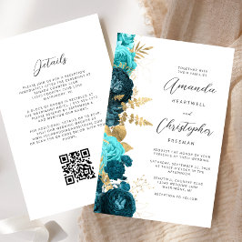 Casamento com Código QR Floral Dourado do Teal Aqu