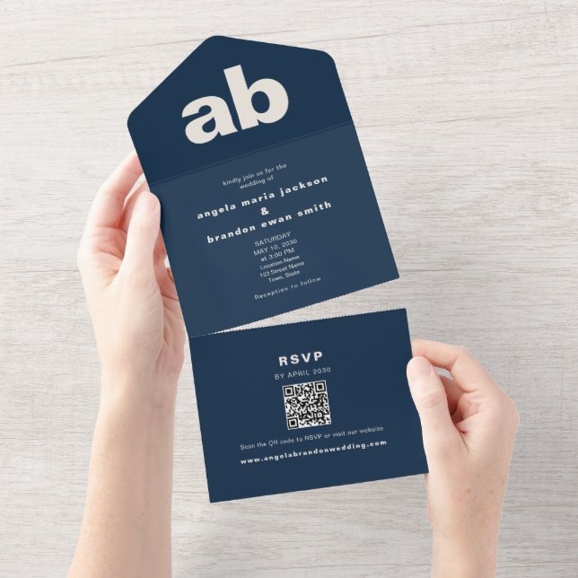 Casamento com Código QR Monograma Azul Marinho (Aba destacável)