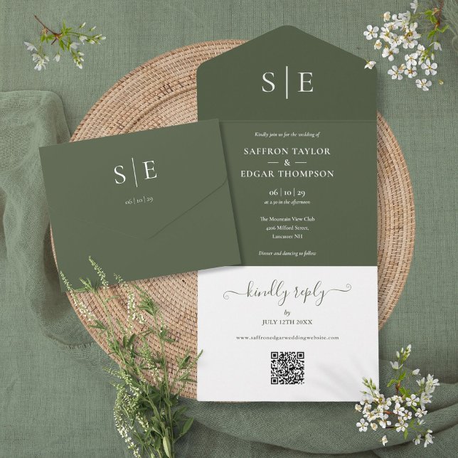 Casamento com Código QR Monograma Verde Oliva (Olive Green Monogram QR Code Wedding All In One Invitation)