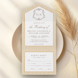 Casamento com Crista Monograma Listrada Bege Cláss