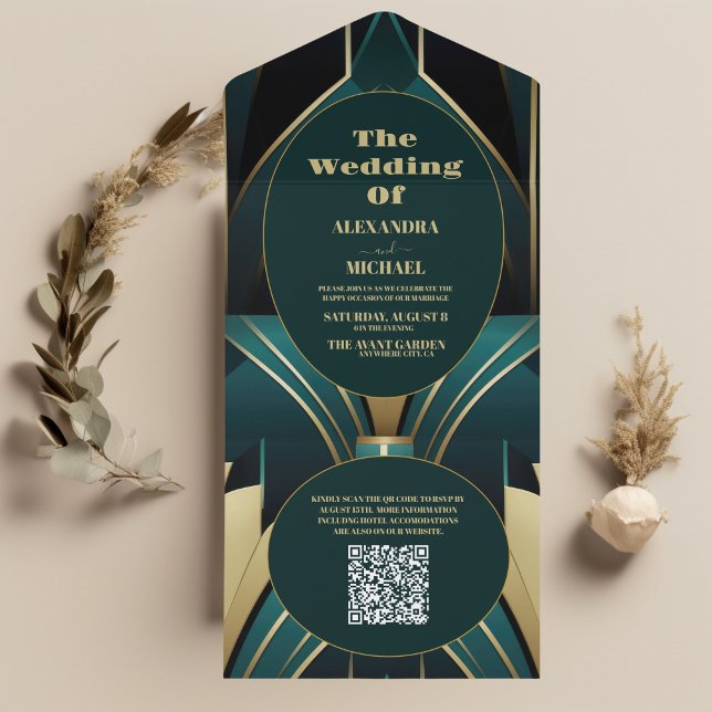 Casamento com Deco de Arte Elegante Verde e Dourad (Criador carregado)