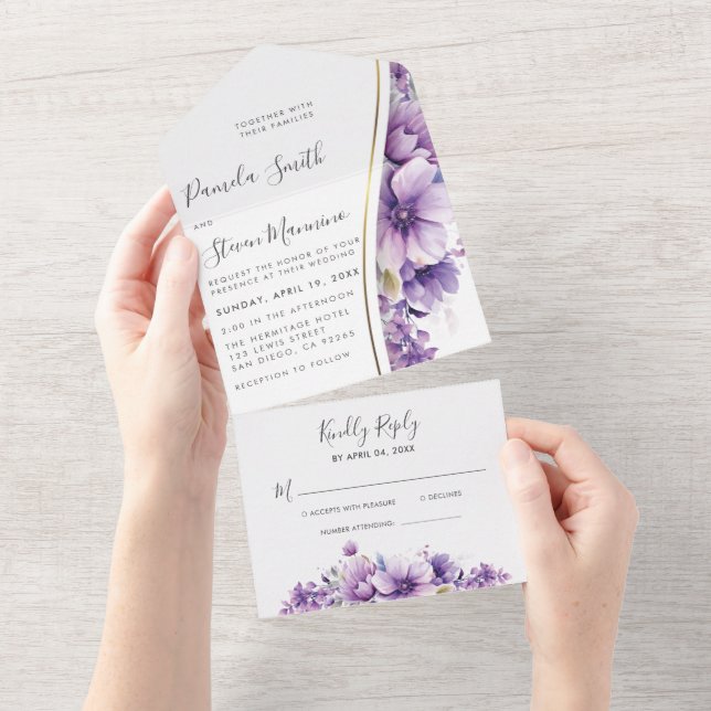Casamento com Folhagem Floral Roxal Moderna com RS (Aba destacável)
