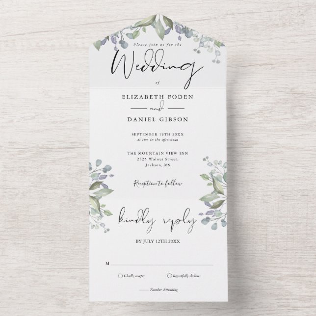 Casamento com Folhagem Verde Script Elegante (Interno)