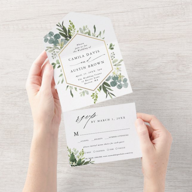 Casamento com Hexágono Dourado de Aquarela Verde (Aba destacável)