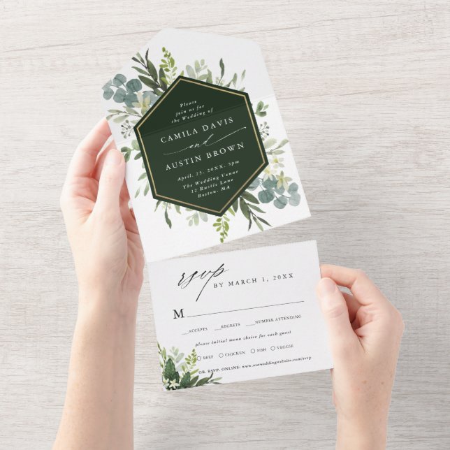 Casamento com Hexágono Dourado de Aquarela Verde (Aba destacável)