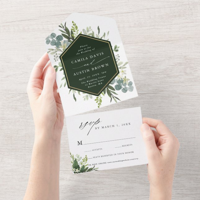 Casamento com Hexágono Dourado de Aquarela Verde (Aba destacável)
