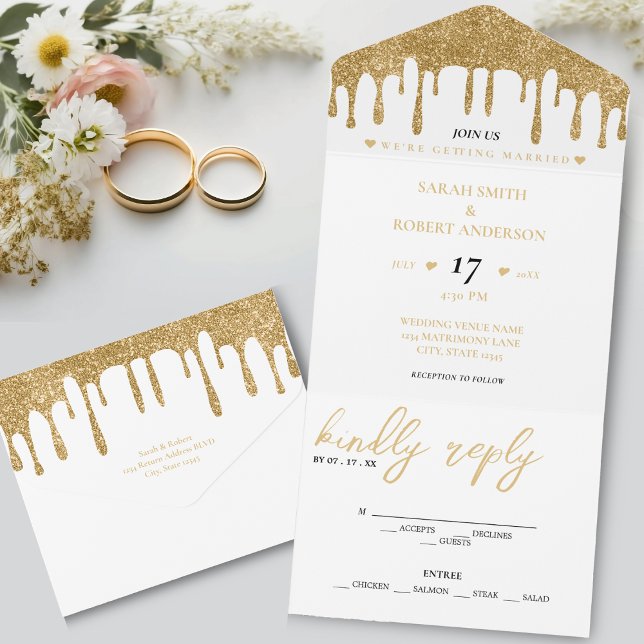 Casamento com Lixo Branco e Dourado (White & Gold Glitter Drip Wedding All In One Invitation)