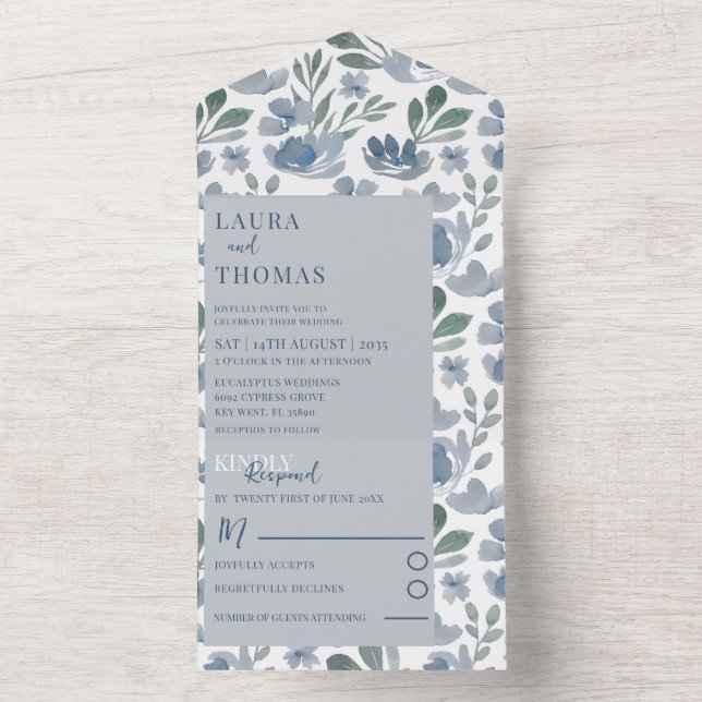 Casamento com padrão floral em aquarela azul Boho  (Interno)