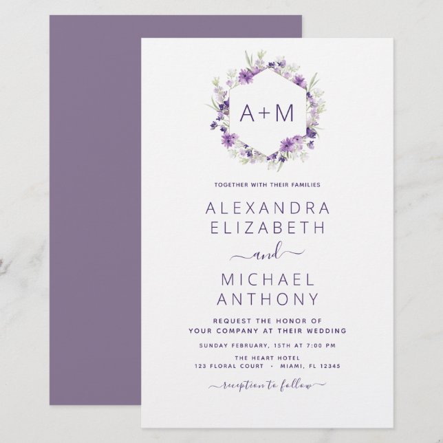 Casamento com Púrpura Púrpura Floral do Monograma (Frente/Verso)