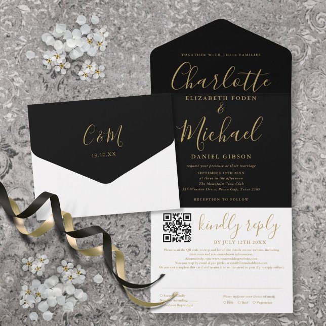 Casamento com QR Code em Letra Moderna Preta e Dou (Black And Gold Modern Script QR Code Wedding All In One Invitation)