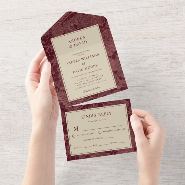 Casamento com Renda Marfim e Borgonha (Aba destacável)