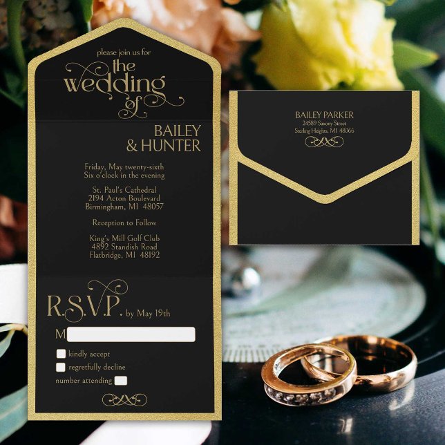 Casamento com Tipografia do Ornamentado Dourado El (Elegant black and gold all-in-one tri-fold wedding invitation accented with fancy typography.)