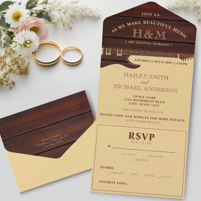 Casamento com Violão Vermelho e Tan Brown (Red Wood & Tan Brown Guitar Wedding All In One Invitation)