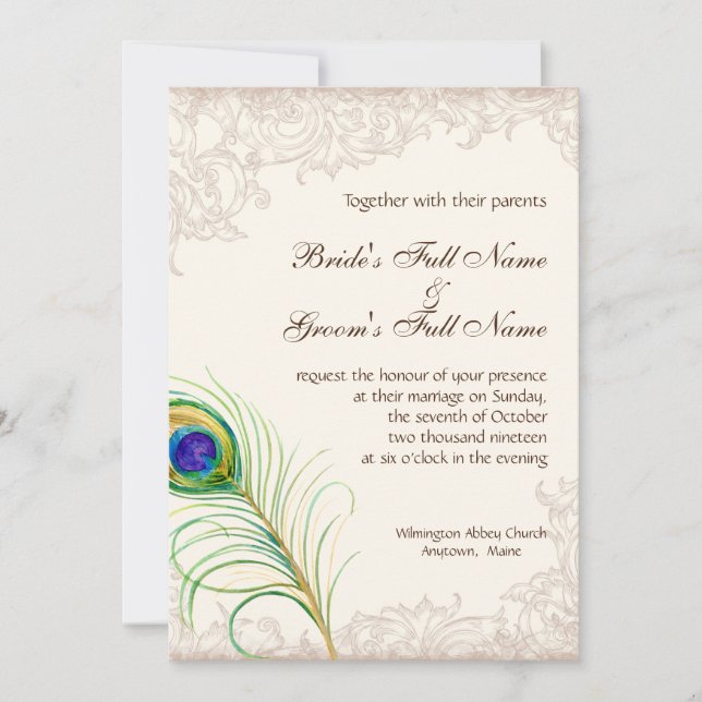 Casamento Convite Vintage Peacock Feather Etch (Frente)
