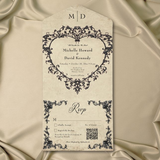Casamento Coração Filigrana Pergaminho Bege Gótico (Gothic Black Tan Parchment Filigree Heart Wedding All In One Invitation)