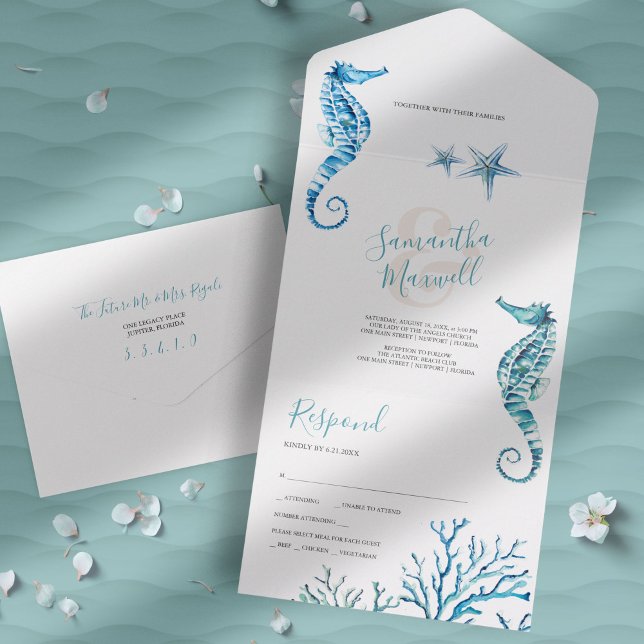 Casamento Costeiro Moderno, Tudo Em Um Convite (Beach wedding invitation unique seahorse watercolor art by Victoria Grigaliunas)