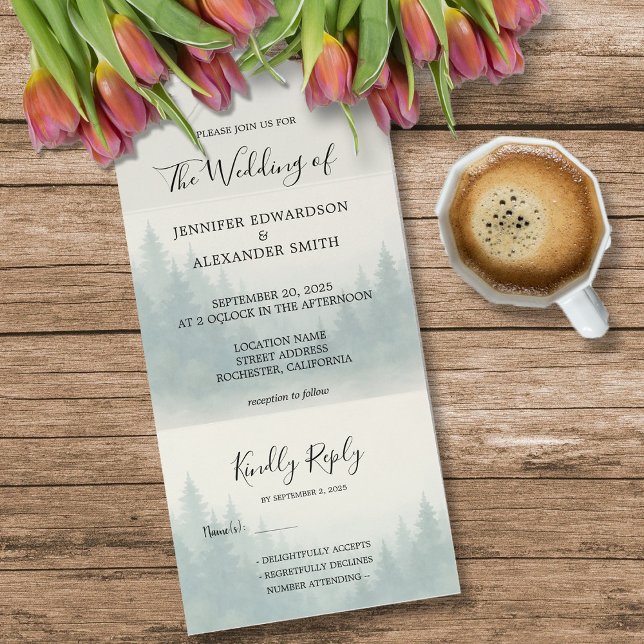 Casamento da floresta de pinheiro (Watercolor pine tree forest wedding all in one invitation. Wedding invitation and RSVP card in one.)