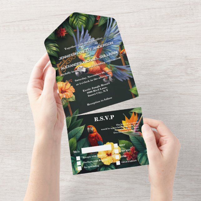 Casamento da ilha de hibiscus de papagaios tropica (Aba destacável)