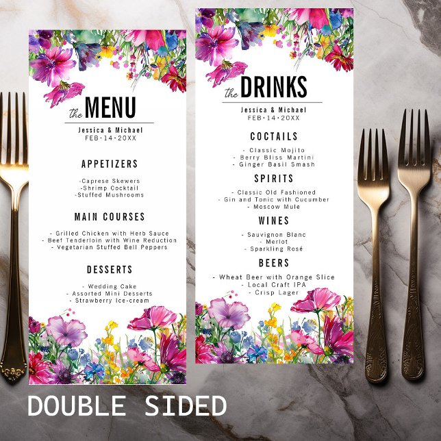 Casamento de 2 lados MENU & DRINKS Meadow Bloom (2-sided wedding MENU & DRINKS Meadow Bloom part of big wedding stationary collection.)