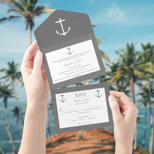 Casamento de Âncora Náutica Simples | CINZAS (Gray Nautical Anchor Wedding All in One Invitation)