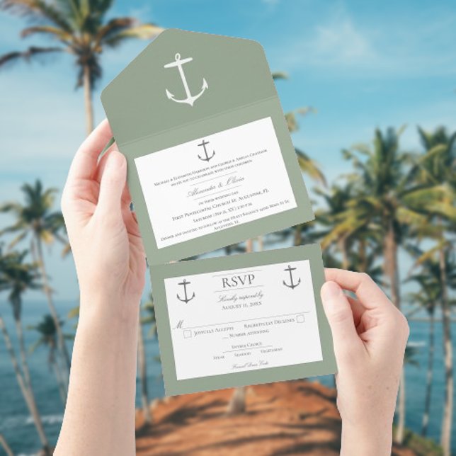 Casamento de Âncora Náutica Simples | Sage Green (Sage Green Nautical Anchor Wedding All in One Invitation)