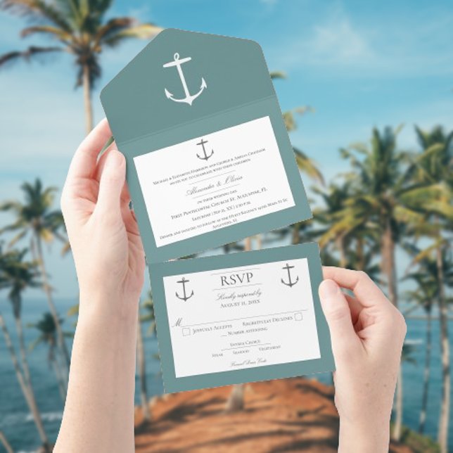 Casamento de Âncora Náutica Simples | Teal (Teal Nautical Anchor Wedding All in One Invitation)