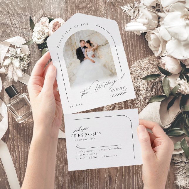 Casamento de Arco de Foto Minimalista Roteiro Mode (Modern Script Minimalist Photo Arch Wedding All In One Invitation)