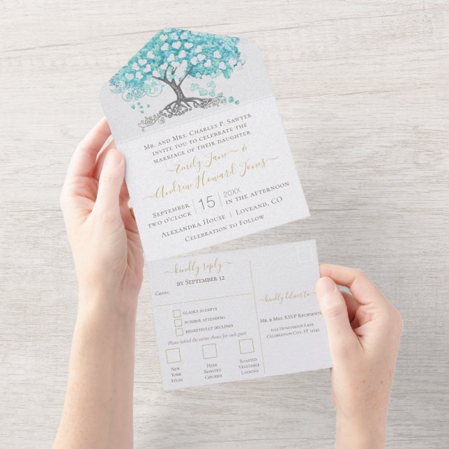 Casamento de Árvore de Folha de Coração Azul Elega (Aba destacável)