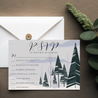 Casamento de árvores de inverno com placa RSVP de