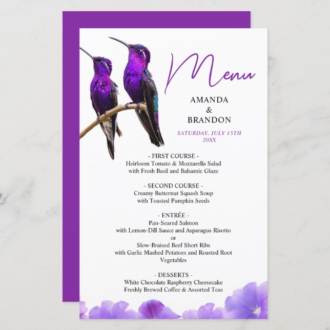 Casamento de Aves de Humidade e Petais Roxas Chic (Frente/Verso)