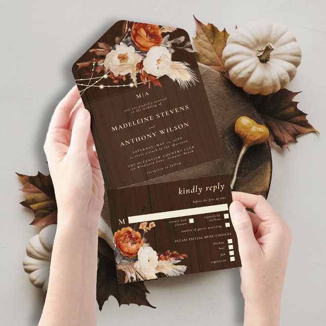 Casamento de Boho Floral de Barn Floral (rustic barn wedding invitation all in one burnt orange boho floral botanical rust terracotta)