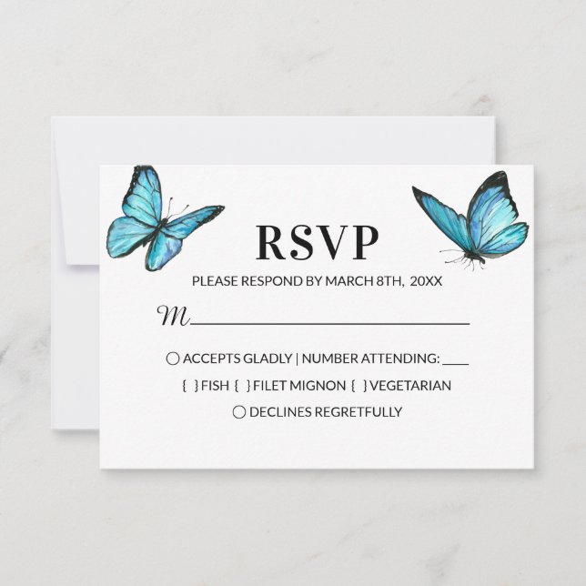 Casamento de borboletas de aquarela azul RSVP (Frente)