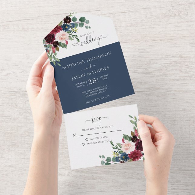 Casamento de Borgonha Azul com Marinho Floral Eleg (Aba destacável)