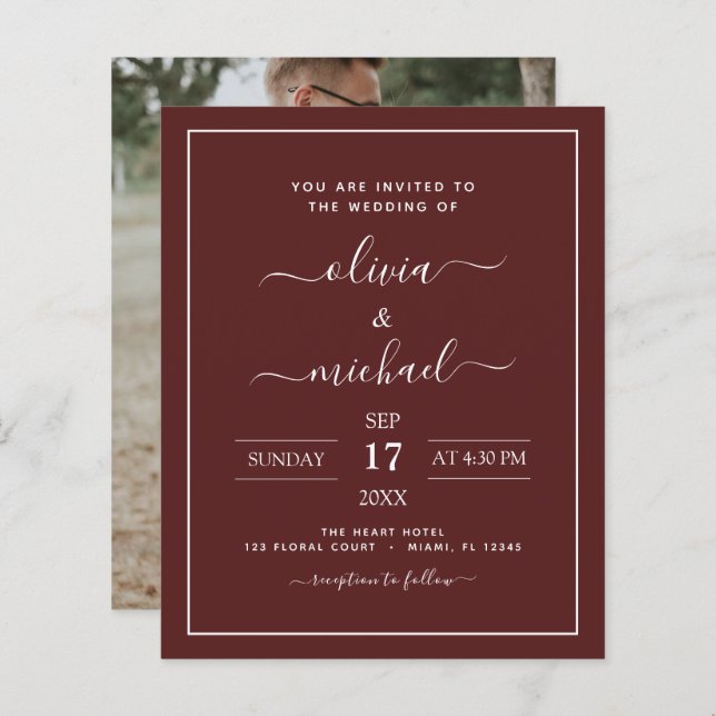 Casamento de Borgonha Orçamental com Convite Fotog (Frente/Verso)